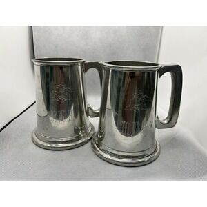 Vintage Raimond English Pewter Beer Stein Tankard Glass Bottom Engraved Set of 2